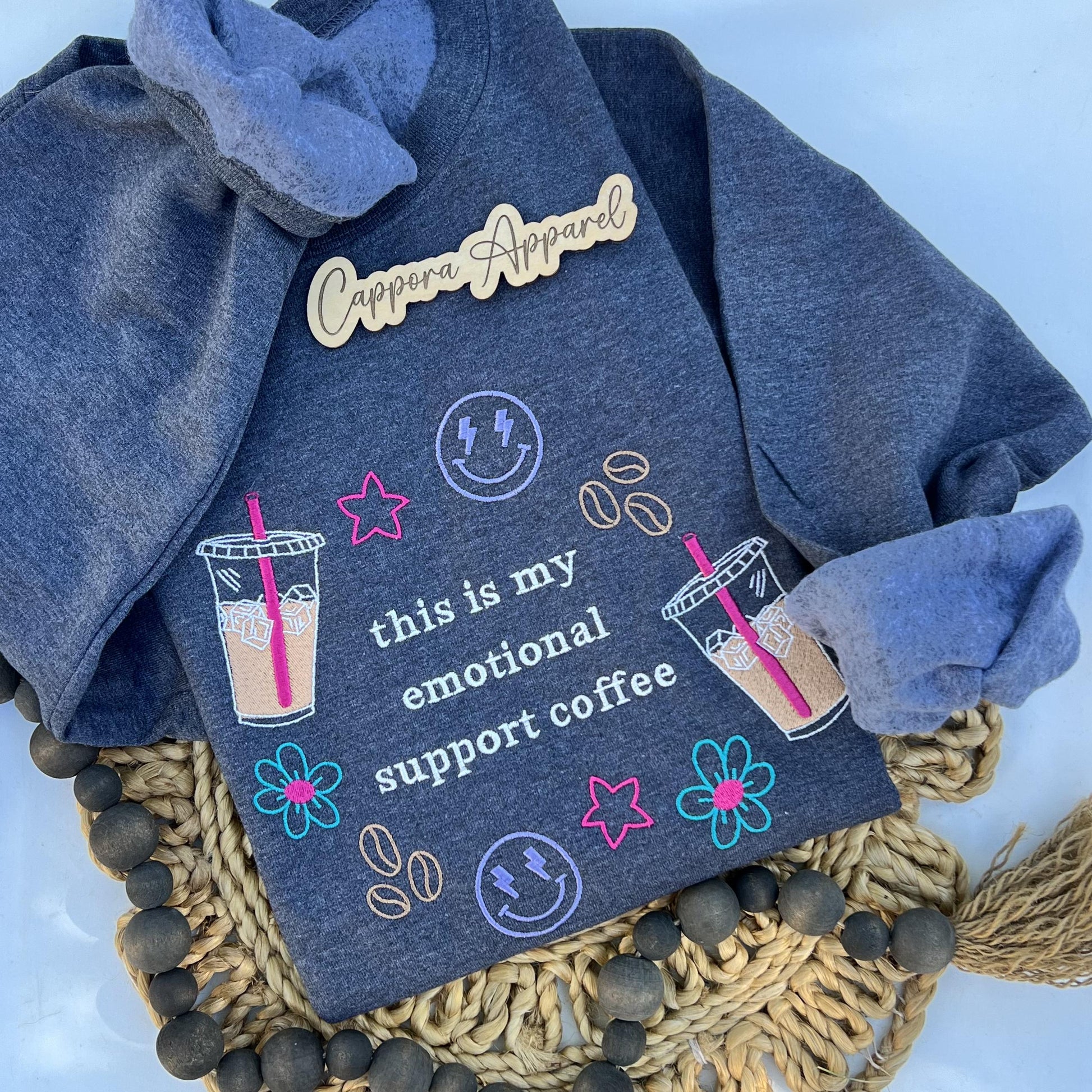 This Is My Emotional Support Coffee Embroidered Crewneck Sweatshirt | Funny Coffee Lover Gift | Cozy Minimalist Pullover