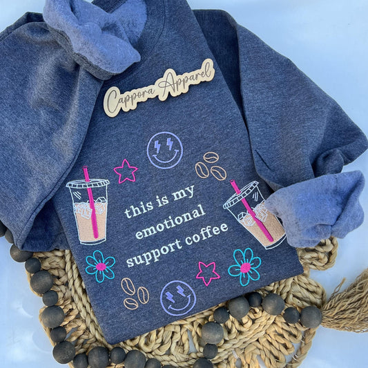 This Is My Emotional Support Coffee Embroidered Crewneck Sweatshirt | Funny Coffee Lover Gift | Cozy Minimalist Pullover