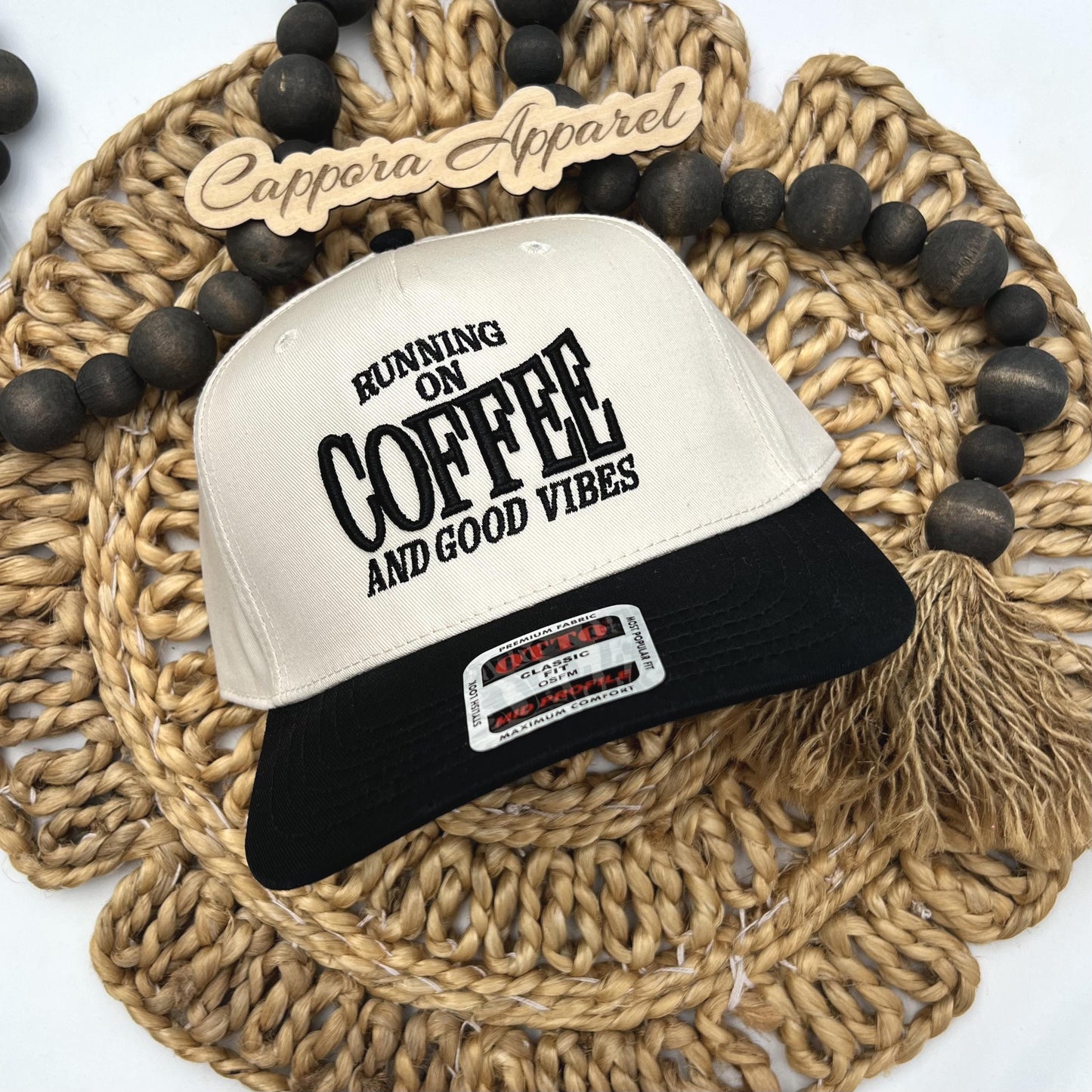 Running on Coffee and Good Vibes Hat, 3D Puff Embroidered Trucker Hat, Coffee Lover Hat, Cute Embroidered Cap, Retro Foam Hat, Gift for Her