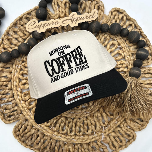Running on Coffee and Good Vibes Hat, 3D Puff Embroidered Trucker Hat, Coffee Lover Hat, Cute Embroidered Cap, Retro Foam Hat, Gift for Her
