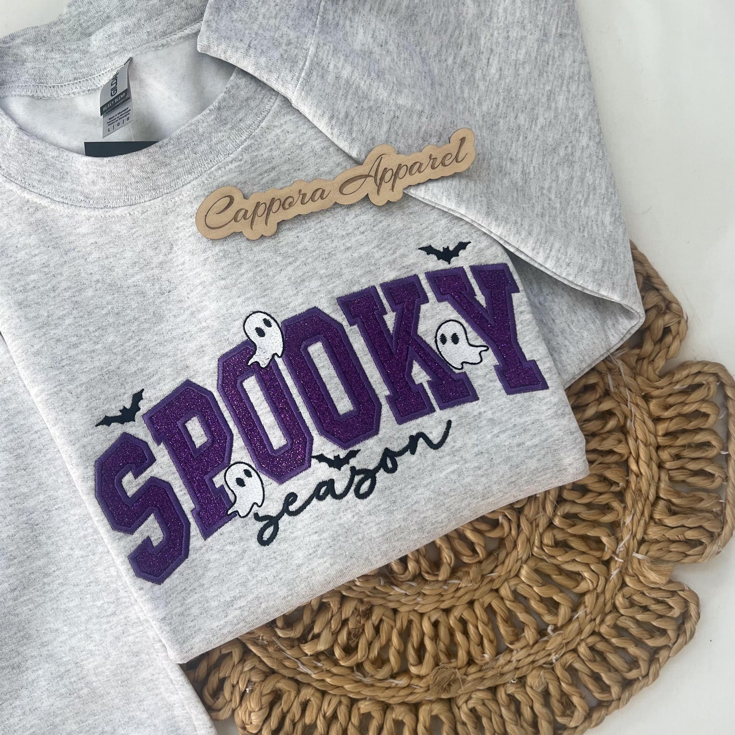 Spooky Season Sweatshirt- Embroidered with Glitter, Ghosts & Bats Crewneck, Halloween Fall Graphic Sweatshirt
