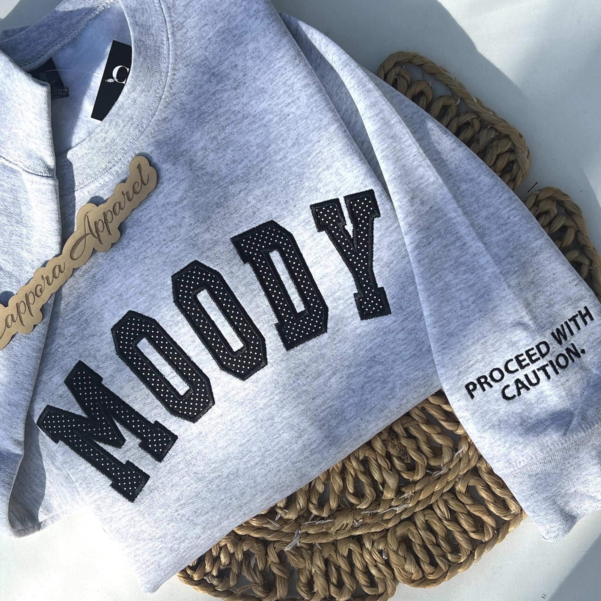 Moody Embroidered Crewneck Sweatshirt, Funny Women’s Pullover, Trendy Minimalist Sweater, Cozy Fall Shirt, Gift for Her