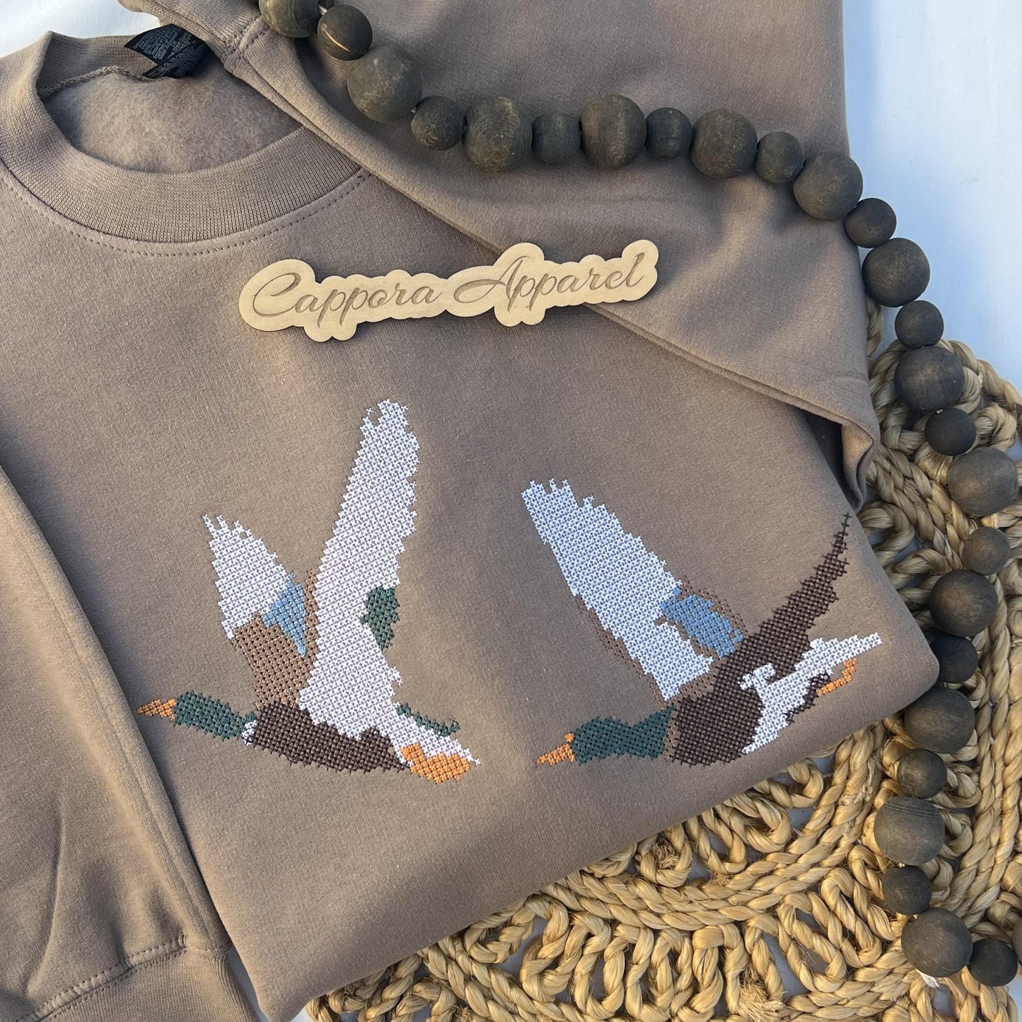 Mallard Duck Embroidered Crewneck Sweatshirt, Cross Stitch Duck Pullover