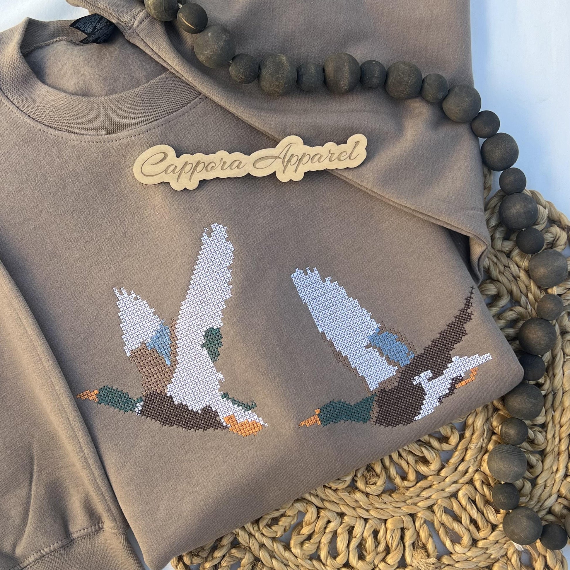 Mallard Duck Embroidered Crewneck Sweatshirt, Cross Stitch Duck Pullover