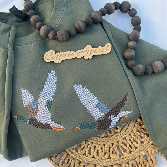 Mallard Duck Embroidered Crewneck Sweatshirt, Cross Stitch Duck Pullover