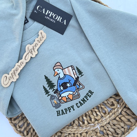 Happy Camper Embroidered Crewneck Sweatshirt, Camping Shirt, Outdoor Adventure Pullover, Camper Gift, Hiking and Nature Lover Sweatshirt