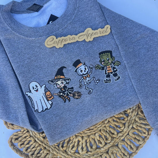 Retro Halloween Characters Embroidered Crewneck Sweatshirt, Vintage Spooky Season Crewneck, Cute Halloween Sweater, Fall Graphic Pullover