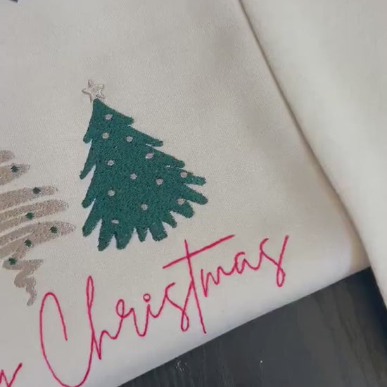 Merry Christmas Sweatshirt – Embroidered Gildan Crewneck with Three Christmas Trees, Cozy Holiday Winter Sweater