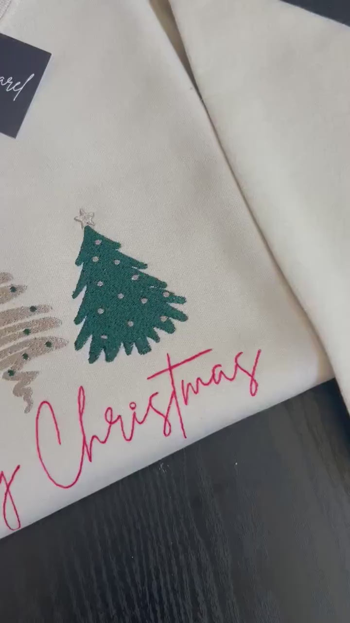 Merry Christmas Sweatshirt – Embroidered Gildan Crewneck with Three Christmas Trees, Cozy Holiday Winter Sweater